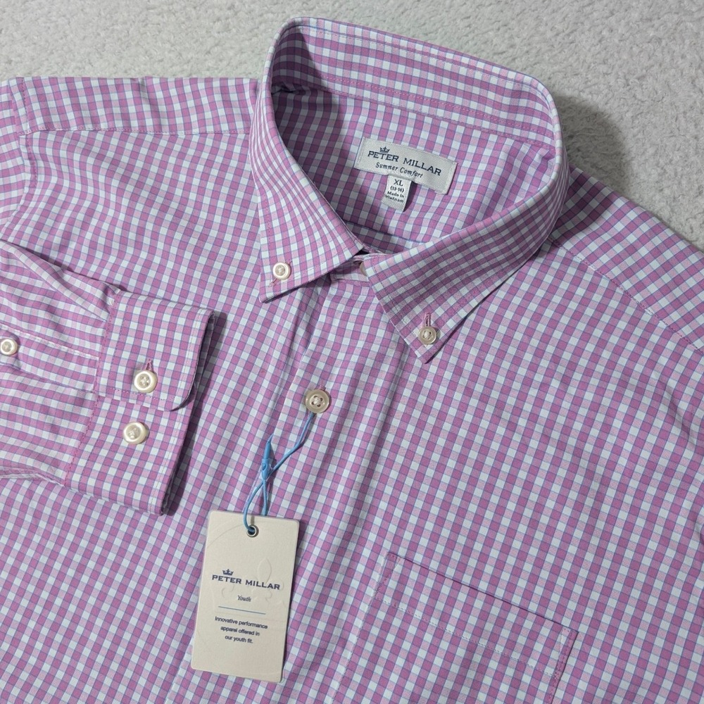 NEW Peter Millar Button Down Youth XL Pink Gingham L/S Stretch Performance Shirt